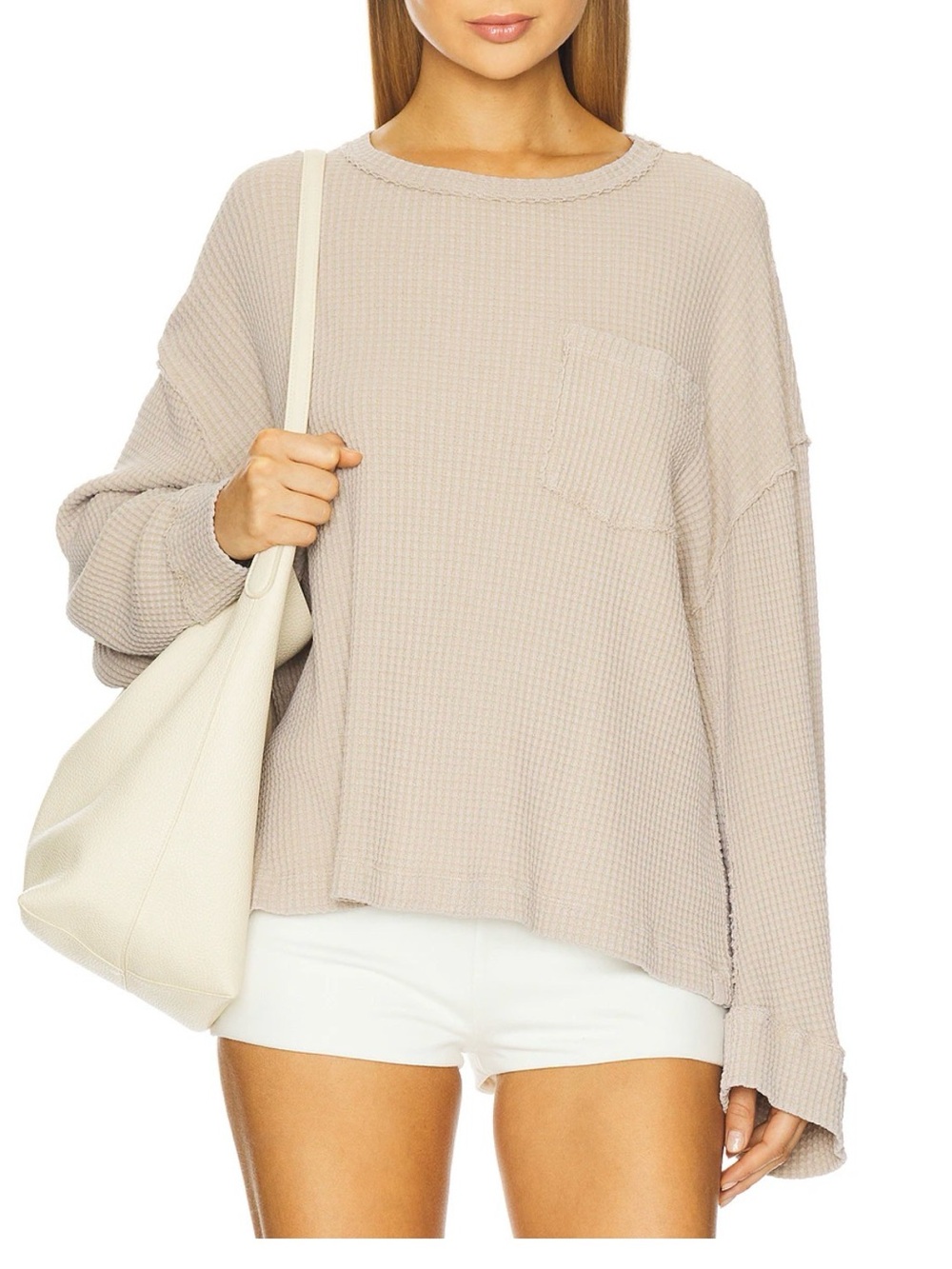 Free People We The Free Dawson Thermal Waffel Knit Top In Neutral Cotton Boho XL
